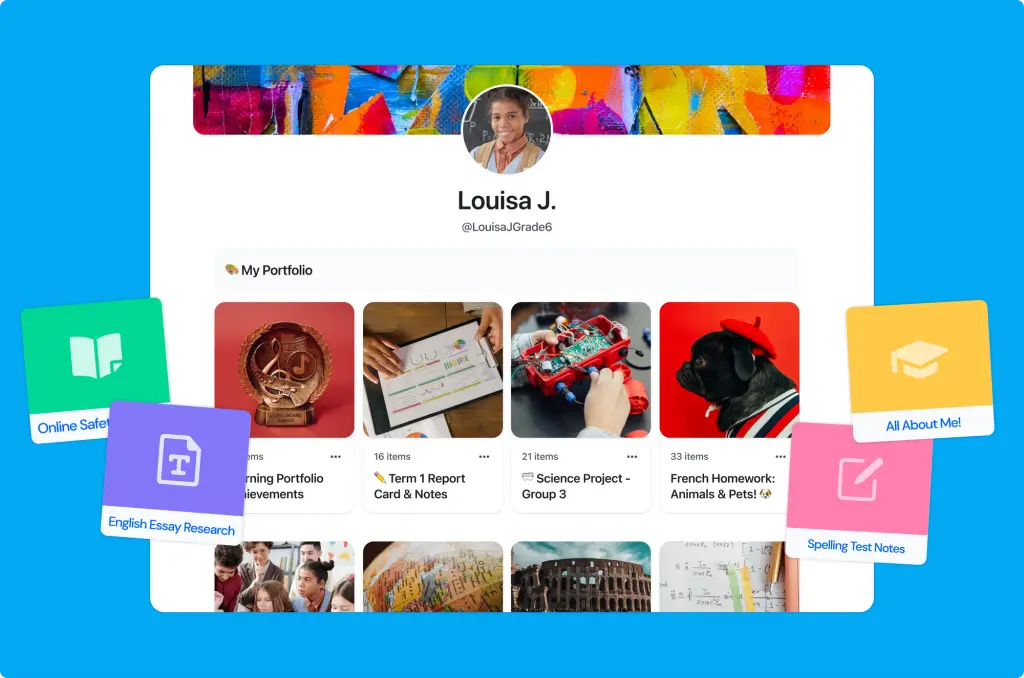 A wakelet student portfolio displaying content organized into multiple groups