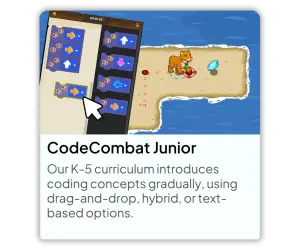 CodeCombat Junior Our K-5 curriculum introduces coding concepts gradually, Ising drag-and-drop, hybrid, or text-based options