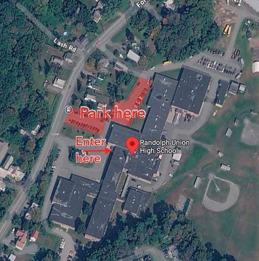 Satellite image of Randolph Union High School showing where to park, and where to enter building.